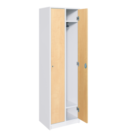 Spindschränke mit Hutboden und Garderobenhaken B/H/T: 66x190x50 cm, 2reihiger Schließfachschrank, 2 durchgehende Türen, Schuhfach, feuerhemmendes Material - Dekor Buche-image