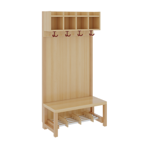 Komplettgarderobe mit einfacher Ablagereihe B/H/T: 80x130x39 cm, 4 Plätze, Sitzhöhe 26 cm, Stütze mit Paneelrückwand in Buche-hell, Alurohr-Schuhrost mit Trennungen-image