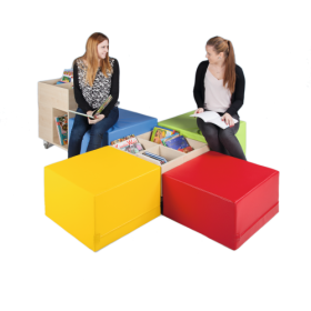cuBe Bücherinsel "XL" 6-teilig Bücherinsel "XL" mit hoher und flacher Bücherkiste fahrbar und 4 Sitzhockern-image