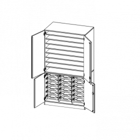 Bastelschrank, 5 Ordnerhöhen - Serie evo180 B/H/T: 104,5x190x60 cm, 4-türiger Schrank mit 18 flachen ErgoTray Boxen, 8 EB, zweiteilig, mit Sockel (81 mm)-image