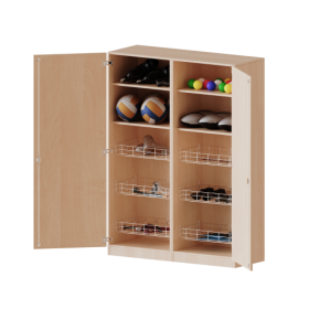 Sportschrank, 5 Ordnerhöhen - Serie evo180 Breite 140,6 cm, Gesamthöhe 190 cm, 6 Ballkörbe, mit Sockel (81 mm)-image