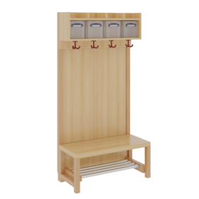 Komplettgarderobe mit einfacher Ablage inklusive Boxen Stütze mit Paneelrückwand in Buche-hell, Aluminiumrost, wahlweise Facheinteilung, T: 39 cm-image