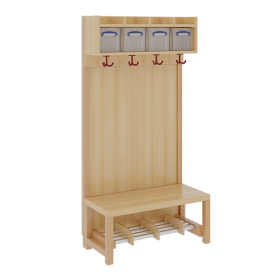 Komplettgarderobe mit einfacher Ablage inklusive Boxen B/H/T: 80x130x39 cm, 4 Plätze, Sitzhöhe 26 cm, Stütze mit Paneelrückwand in Buche-hell, Alurohr-Schuhrost mit Trennungen-image